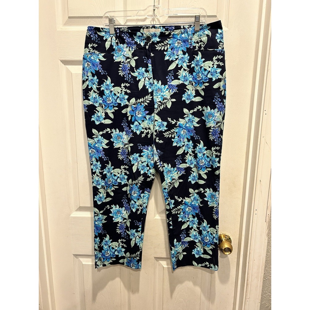 Talbots Womens Blue Floral Cropped Pants Sz 14‎ Navy Tropical Botanical Slim Leg